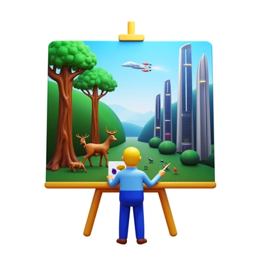 An artist holding a paintbrush is standing in front of a large canvas. The canvas depicts a landscape that transitions visibly from an "ancient forest" on the left side, featuring tall, gnarled trees with thick trunks and lush green foliage. The forest is filled with vibrant wildlife, including a deer and various birds. On the right side, the scene shifts to a "futuristic metropolis," showcasing sleek skyscrapers made of glass and metal, with neon lights and flying vehicles. The artist is carefully blending the two environments in the middle of the canvas, where the trees gradually fade into the metallic structures.