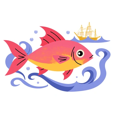 A mythical redfish with shimmering scales that reflect shades of deep crimson and gold. The fish has large, elegant fins that flow gracefully as it swims. Its eyes are bright and wise, resembling polished gemstones. Surrounding the fish are swirling waves, hinting at the ocean's depth. Small bubbles rise around it, creating a sense of movement in the water. In the background, hints of ancient wooden ships can be seen, representing the sailors who told tales of this legendary creature.