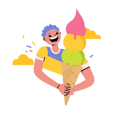 A cheerful cartoon character with a big smile is holding a large ice cream cone. The character has bright blue hair and is wearing a colorful striped shirt. The ice cream cone is topped with three scoops of ice cream in vibrant pink, yellow, and green colors, dripping slightly from the sides. The background features sunny clouds and a few colorful sprinkles scattered around, enhancing the joyful atmosphere of the scene.