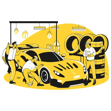 A racecar with a sleek design, predominantly showcasing its aerodynamic features, is positioned in the center of a busy garage pit stop. A team of mechanics, wearing matching uniforms, is actively engaged in tuning the car. One mechanic leans over the engine compartment, using a wrench to tighten bolts, while another checks the tire pressure with a gauge. The third mechanic holds a clipboard, recording data and adjustments. Surrounding them are various tools neatly organized on a nearby workbench, and a large tire stack is visible in the background. Bright lights illuminate the scene, highlighting the focused expressions of the mechanics as they work efficiently.