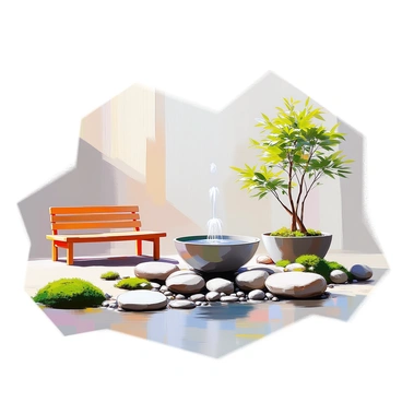 A serene spa set within a minimalist zen garden. The garden features smooth pebbles arranged in intricate patterns, with patches of soft green moss interspersed. At the center, a small water fountain gently trickles water into a shallow basin, creating a soothing sound. Surrounding the fountain, there are neatly placed stones and a few carefully pruned bonsai trees. Simple wooden benches are positioned nearby for relaxation, and delicate bamboo plants add a touch of elegance to the scene. The overall atmosphere is one of tranquility and harmony with nature.