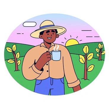 A coffee farmer is standing on a green hillside at dawn, holding a steaming cup of coffee. The farmer has a wide-brimmed straw hat and is wearing a simple, earth-toned shirt. The sky is a gradient of soft pastel colors as the sun begins to rise. In the background, rows of coffee plants are visible with bright green leaves. A gentle breeze causes some leaves to flutter. The farmer's expression is focused and content as they enjoy the moment before a busy day.