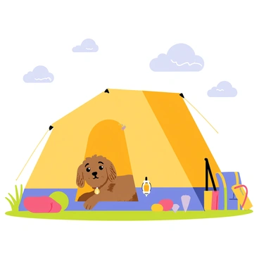 A labradoodle with curly brown fur is lying comfortably inside a small, colorful tent set up in a backyard. The tent has a bright yellow exterior with blue and red patterns. Around the tent, there are green grass and a few scattered colorful cushions. A backpack with camping gear is positioned nearby, and a small lantern hangs from the tent’s entrance. Above the tent, a clear blue sky and a few fluffy white clouds can be seen, creating a cheerful atmosphere for the pretend camping trip.