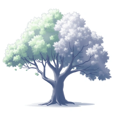 A large tree with a thick trunk and expansive branches. One side of the tree showcases fresh green leaves, representing spring, with small blossoms emerging. The next side displays bright, lush foliage in summer, with a few fruits hanging from the branches. Moving to autumn, the tree's leaves are depicted as falling, with various shapes and sizes, indicating the transition to winter. Finally, the winter side is bare, with a few snowflakes gently falling around the tree. The ground is covered with a light dusting of snow in the winter section.