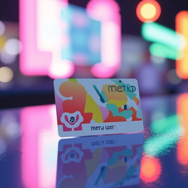 A metro card is prominently displayed in the foreground, surrounded by vibrant neon lights in various colors. The card features a distinct design with bold graphics. In the background, there are glowing neon signs in shades of pink, blue, and green, casting a brilliant light on the card. The scene captures a bustling urban atmosphere, with reflections from the neon lights shimmering on nearby surfaces, enhancing the vibrant energy of the environment.