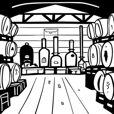 A traditional rum distillery interior featuring large, polished wooden casks stacked against the wall. In the center, there are several old copper stills gleaming under soft ambient light. The floor is made of worn wooden planks, and there are various tools and equipment scattered around, reflecting the craftsmanship of the distillation process. The air is filled with a sense of history and tradition, captured in the details of the distillery's architecture.