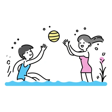 Two players in colorful swimwear are submerged underwater, both reaching for a bright, spherical ball. One player, with short dark hair, is wearing a blue swimsuit, while the other, with long light brown hair, is in a red swimsuit. Bubbles and ripples surround them, adding to the dynamic motion of the moment. The background features softly blurred aquatic plants swaying with the current, enhancing the underwater ambiance.