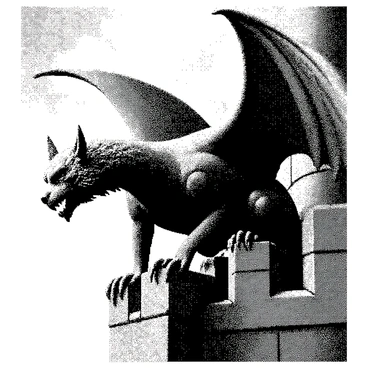 A stone gargoyle is perched on the edge of a castle. It has an intricately carved face with fierce features and elongated wings folded against its body. The gargoyle's claws grip the rough stone ledge as it looks out over the castle grounds, giving it an imposing presence. The texture of the stone is visible, with deep grooves and weathered surfaces indicating age. The sky behind the castle is filled with clouds, adding a dramatic backdrop to the scene.