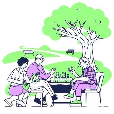 A group of elderly people is gathered around a chessboard on a park bench. Two men are engaged in an intense game of chess, concentrating on their pieces. One man has silver hair and wears glasses, while the other has a bald head and a checkered shirt. The chessboard is set with various pieces in mid-game. Nearby, a woman with curly hair is sitting with a book in her lap, observing the game. The scene takes place under a large oak tree, which provides shade and has a thick trunk with sprawling branches above. In the background, a well-maintained park path is visible, along with a few other benches and patches of grass.