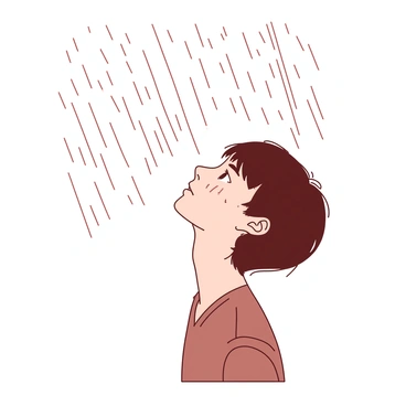 A person with short brown hair is standing in profile, gazing upward at the rain falling from the sky. Their face is slightly tilted back, and water droplets are visible sliding down their cheeks. The person's eyes convey a sense of wonder, reflecting the light falling through the rain. The background is blurred out, emphasizing the figure and the cascading droplets surrounding them.