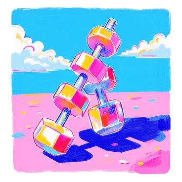 A tall stack of dumbbells is arranged in a way that resembles a leaning tower. The dumbbells are metallic with shiny surfaces and varying weights, creating an interesting texture. The background features a clear blue sky with a few white clouds scattered above. The sunlight casts distinct shadows on the ground beneath the stack of dumbbells, emphasizing their shapes and the inclination of the tower.