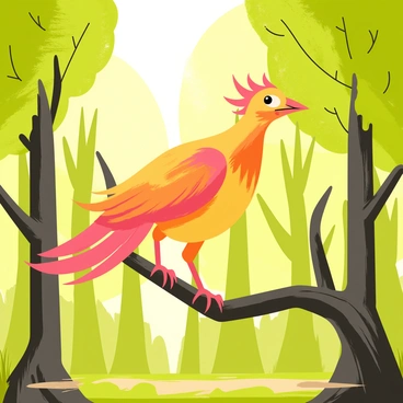 A phoenix with bright, fiery feathers perched on a gnarled branch. The feathers radiate shades of red, orange, and yellow, resembling flames. Surrounding the phoenix, a dense forest filled with tall, vibrant green trees creates a lush backdrop. Sunlight filters through the leaves, casting dappled light on the phoenix and the branch. The ground below is covered in a blanket of soft moss and scattered leaves, enhancing the serene atmosphere of the forest.