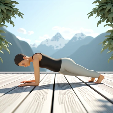 A yogi, wearing a fitted black tank top and light grey yoga pants, is performing incline push-ups on a rustic wooden deck. The deck is weathered, showcasing its natural grain. In the background, a breathtaking mountain range is visible, with snow-capped peaks and a clear blue sky. The sunlight casts soft shadows on the deck, highlighting the yogi's focused expression as they maintain perfect form. Surrounding the deck, there are lush green trees that frame the scene, enhancing the serene atmosphere.