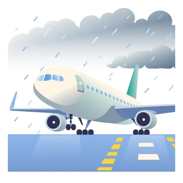 A large commercial airplane is positioned on a wet runway, preparing for departure. The aircraft's fuselage is shiny as it reflects the surrounding lights, and the wings are extended with flaps down. Raindrops are visible on the smooth surface of the runway, creating small puddles. The sky overhead is gray with dark, heavy clouds, and droplets of rain can be seen falling, contributing to the wet environment. In the background, airport lights are illuminating the scene, adding a sense of urgency to the moment.