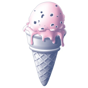 A scoop of "dragon fruit-flavored ice cream" sits atop a "waffle cone." The ice cream has a smooth texture, with visible specks representing the exotic fruit. The scoop is beginning to "melt slightly," creating small drips that run down the sides of the cone. The waffle cone has a textured pattern, highlighting its crispy surface and golden-brown color. The overall composition shows the ice cream in a close-up perspective, emphasizing its vibrant and appealing appearance.