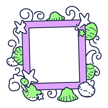A nautical-themed frame is displayed prominently. The frame is adorned with various seashells of different shapes and sizes, strategically placed along the edges. Starfish are interspersed between the seashells, adding texture and interest. The background of the frame features stylized waves that create a sense of movement, flowing around the frame’s border. The overall composition is designed to evoke a coastal atmosphere.