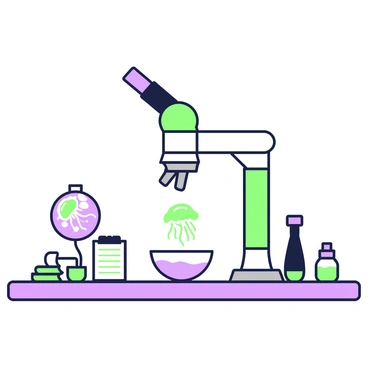 A petri dish is placed on a laboratory table, containing a small jellyfish specimen. The jellyfish is translucent, with delicate, undulating tentacles hovering just above the bottom of the dish. Above the petri dish, a microscope is positioned, with its lenses focused on the jellyfish. The microscope's base is metallic, and the stage below the petri dish is illuminated, allowing for a clear view of the jellyfish's structure. Various laboratory tools and a notepad with observations are arranged nearby on the table.