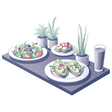 A table set for brunch, prominently displaying a variety of plant-based dishes arranged artfully. There are bowls of vibrant salads, with a mix of greens, tomatoes, and other fresh ingredients. A plate of avocado toast sits alongside, topped with sliced radishes and microgreens. A glass filled with a smoothie is placed next to the dishes, showcasing the textured layers of fruits and vegetables. The table is decorated with natural elements, such as small potted plants adding a touch of greenery to the scene.