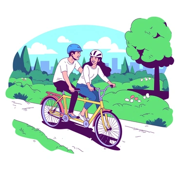Two friends riding a tandem bicycle through a city park