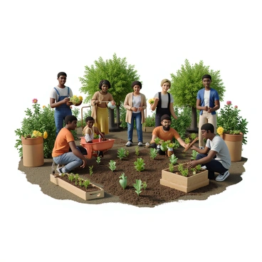 A diverse group of neighbors, including individuals with different skin tones and hairstyles, are actively engaged in a community garden. Some are kneeling in soil, planting young seedlings while others are standing, holding gardening tools like trowels and watering cans. There are various plants in the garden, including colorful flowers and leafy vegetables. The scene shows a wheelbarrow filled with bags of soil and a crate of assorted plants nearby. In the background, there are green bushes and trees, providing a lush atmosphere. The neighbors are smiling and interacting, showcasing a sense of community and cooperation.