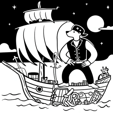 A werewolf dressed in a tattered pirate's outfit stands aboard an old wooden ship. The ship features a large, weathered wooden mast with torn sails billowing in the wind. The deck is scattered with ropes and barrels, while the werewolf clutches a cutlass in one hand, displaying sharp claws. The full moon looms in the starry sky above, casting shadows across the ship. A wooden steering wheel is positioned in the background, and a parrot is perched atop a barrel nearby.