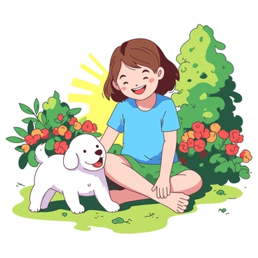 A girl with short brown hair, wearing a vibrant blue shirt and green shorts, is sitting on the grass in a sunlit garden. She has a joyful expression as she interacts with a small, fluffy white dog beside her. The dog is wagging its tail and has a playful demeanor, looking up at her. Brightly colored flowers in shades of red and orange surround them, and there are a few green shrubs in the background. Sunlight filters through the leaves of nearby trees, creating a warm and inviting atmosphere in the garden.