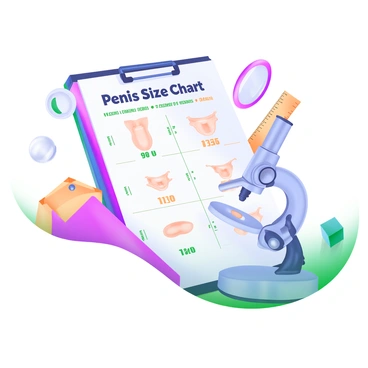 A modern pastel illustration depicting a page from a scientific journal. The page features a "Penis Size Chart" presented prominently at the center. The chart includes various illustrations of penises with measurements in centimeters and inches. Surrounding the chart are icons related to scientific research, such as a microscope, a ruler, and a notebook. The background is light and colorfully designed to enhance the informative aspect of the page.