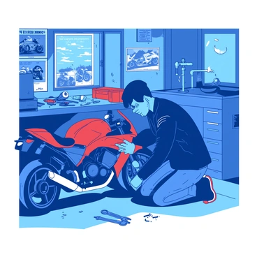 A blue rebellious youth is kneeling beside a red motorcycle in a cluttered garage. The youth is wearing a black leather jacket with silver zippers and is focused on tightening a bolt on the motorcycle’s engine. Various tools are scattered around on the workbench behind them, including wrenches and a toolbox. The walls of the garage are adorned with posters of motorcycles and racing events. Natural light filters in through a window, illuminating the youth’s determined expression as they work.