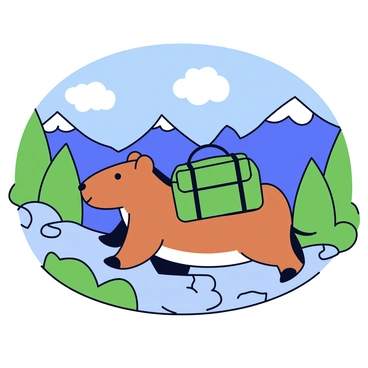 A capybara walking along a mountain trail with a small green backpack secured on its back. The trail is rocky and surrounded by lush greenery on either side. Ahead, there is a scenic view of distant mountains and a bright blue sky with fluffy white clouds. The capybara has a determined expression as it continues its hike.