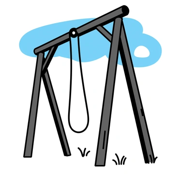 An old wooden gallows, constructed with weathered planks and sturdy beams, stands prominently. The structure has a noose hanging from the crossbeam, the rope slightly swaying in a gentle breeze. Above, a clear blue sky stretches, devoid of any clouds, creating a stark contrast with the dark wooden gallows. The ground around the gallows is bare, with hints of dry grass scattered.