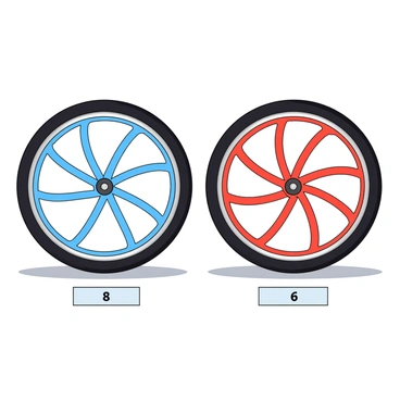 Two bicycle wheels positioned side by side on a flat surface. The first wheel has a shiny silver rim and features "8" spokes evenly distributed around its circumference, which is painted in a bright shade of blue. The second wheel also has a silver rim and has "6" spokes arranged symmetrically, with the spokes colored in a vibrant red. Both wheels are detailed, with a focus on the spokes and rims, and casting soft shadows on the ground beneath them. A clear label underneath each wheel indicates their respective numbers: "8" below the first wheel and "6" below the second wheel.