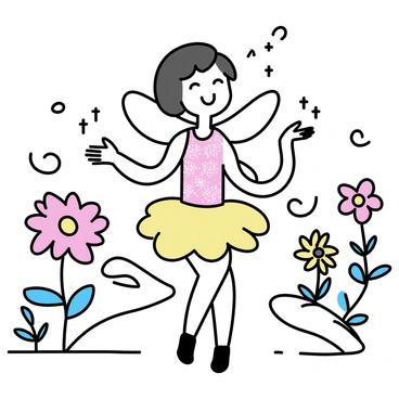 A mime, wearing a glittery fairy costume with delicate wings, is standing in a whimsical enchanted garden. The mime is performing magical gestures with outstretched hands, showcasing an expression of joy. Surrounding the mime are vibrant flowers in various colors and shapes, with soft, swirling patterns. There are small, twinkling lights scattered throughout the garden, adding to the enchanting atmosphere. The background features tall, leafy plants and a gentle, winding path leading deeper into the garden.