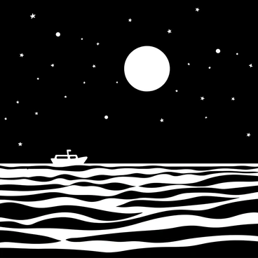 A vast ocean with gentle waves, reflecting the light from a full moon above. The sky is filled with stars, twinkling in the night. In the distance, a silhouette of a ship can be seen on the horizon, casting a shadow on the water. The scene conveys a sense of tranquility and vastness.