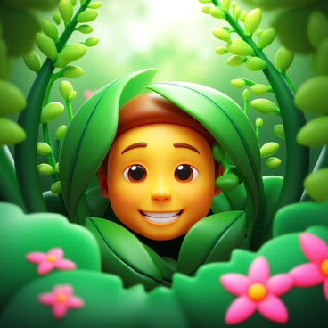A human face partially emerging from a lush, green forest scene. The face is framed by vibrant green leaves and branches, with sunlight filtering through the foliage. The expression on the face is one of curiosity, with eyes wide open and a slight smile. The background features various shades of green, showcasing different types of foliage, and hints of colorful wildflowers can be seen in the blurred backdrop.