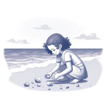 A young girl with curly hair is playing on a sandy shore. She is crouched down, focused on collecting seashells scattered across the ground. The waves are crashing nearby, creating frothy white foam as they reach the sand. The girl is wearing a light dress, and her hands are filled with various shapes and sizes of shells. In the background, the ocean stretches out, reflecting the movement of the water. The sky above is dotted with wispy clouds, contributing to the coastal atmosphere.