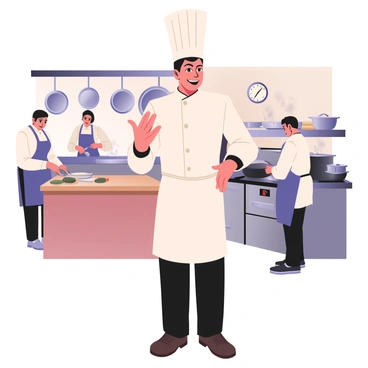A head chef stands at the front of a busy kitchen, wearing a white chef's coat, a tall white toque, and black pants. The chef has short black hair and is gesturing animatedly with one hand while holding a metal ladle in the other. In the background, a diverse kitchen team is actively engaged in various tasks. One chef is chopping vegetables at a wooden prep table, while another chef is stirring a large pot on the stove. A third team member is plating dishes with precision. There are pots and pans hanging from the ceiling, and a large clock on the wall shows it is dinner time. Steam rises from the stovetops, adding to the lively atmosphere of the restaurant kitchen.