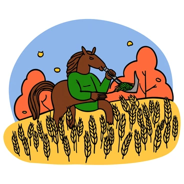 A centaur with a muscular build and chestnut-colored horse body is diligently harvesting crops in a golden field during autumn. The centaur has long, flowing brown hair and is wearing a simple green tunic. The field is filled with tall stalks of wheat, and the ground is scattered with vibrant orange, red, and yellow leaves falling from the surrounding trees. The sky above is a clear blue, complementing the warm tones of the autumn landscape. The centaur is holding a hand sickle, skillfully cutting through the ripe crops, showcasing a harmonious connection with nature.