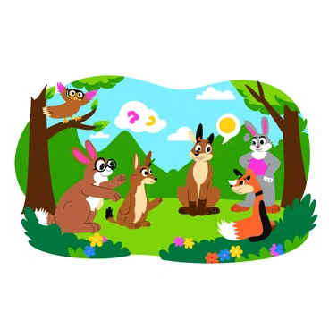 A colorful group of animals is gathered in a forest clearing, animatedly expressing their opinions in a lively debate. A wise-looking owl with big glasses perches on a low branch, observing the discussion intently. A cheerful rabbit with long ears is gesturing excitedly with its front paws, while a proud deer stands to the side, nodding thoughtfully. Nearby, a mischievous fox with a bushy tail sits on its haunches, listening closely and occasionally interjecting with playful comments. Sunlight filters through the leaves above, creating dappled light on the forest floor, where colorful flowers bloom, adding to the vibrant atmosphere of the scene.