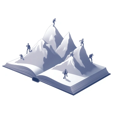 A large, open book lying flat on a surface. From the pages, "majestic mountains" rise dramatically, their peaks sharply defined against the sky. Several "hikers" are depicted ascending the sides of the mountains, outfitted with backpacks and climbing gear. The hikers are positioned at various heights on the mountain slopes, giving a sense of depth and scale. The scene captures the beauty of the mountains while emphasizing the adventurous spirit of the hikers, who are depicted in various climbing poses.