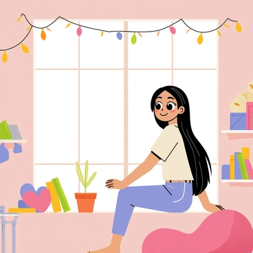 Aesthetic anime girl with long, flowing hair, wearing a pastel-colored outfit and large, expressive eyes. She sits by a window in her room, adorned with twinkling fairy lights hanging from the ceiling and around the window frame. The room has soft, warm lighting that enhances the cozy atmosphere. Various plush toys and books are arranged neatly on a shelf nearby. A small plant sits on a table beside her, adding a touch of green to the scene. The girl has a content expression as she looks out the window, illuminated by the gentle glow of the fairy lights.