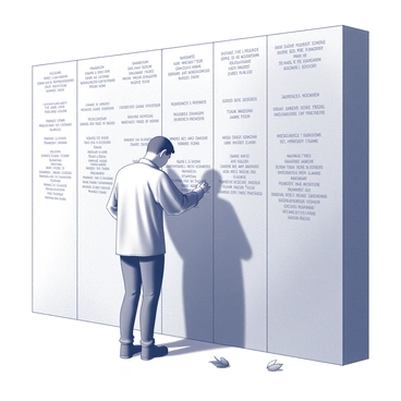 A person standing in front of a stone wall inscribed with the names of fallen soldiers. The wall features a smooth surface with the names etched deeply, creating a solemn atmosphere. The individual stands with their head bowed, reflecting, while their hands gently rest against the cold stone. Soft light casts shadows, highlighting the inscriptions on the wall. A few leaves are scattered at the base, suggesting the changing seasons. The scene conveys a sense of remembrance and honor.