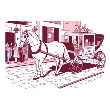 A white horse is pulling a beautifully decorated carriage adorned with flowers and ribbons that reads "Just Married" in elegant script. The carriage is moving along a cobblestone street with a charming, rustic feel. The street is flanked by quaint buildings with colorful facades and hanging flower baskets. The sun casts gentle shadows on the cobblestones, creating an inviting atmosphere. In the background, a small gathering of well-wishers is waving as the carriage passes by.