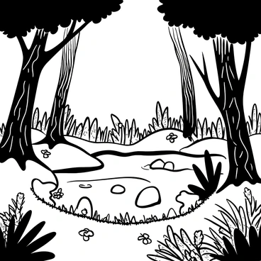 A hidden grove within the forest, surrounded by tall trees with intricate bark patterns. The ground is covered in a thick layer of ferns and moss, providing a soft carpet. In the center, there is a pool of crystal-clear water reflecting the surrounding vegetation. Large rocks are scattered around the water's edge, some partially submerged. Various lush plants with detailed leaves grow close to the water, including delicate flowers. Sunlight filters through the branches above, creating a dappled light effect on the ground.