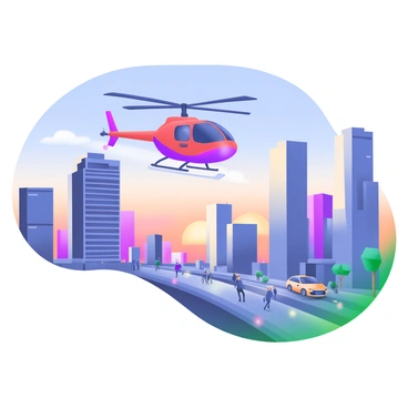 An RC helicopter is flying high in the sky, its blades spinning rapidly. The helicopter is a vibrant red with sleek lines, and it casts a small shadow over the city below. The skyline is filled with various modern skyscrapers, their windows reflecting the warm hues of dusk. The sky transitions from deep blue to orange and pink as the sun sets. Tiny lights begin to twinkle on the buildings, creating a lively atmosphere. Below, people are walking on the streets, some looking up at the helicopter, while cars navigate through the bustling city.