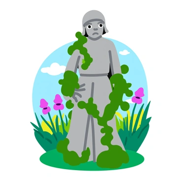 A weathered statue with a sad face, displaying intricate details of expression and texture, is positioned centrally in the image. The statue has patches of moss and lichen, indicating its age. Surrounding the statue, overgrown green vines cascade down, intertwining with the statue's form. The background features a glimpse of the forgotten park, with hints of wildflowers and tall grasses peeking through. Soft dappled sunlight filters through the leaves of nearby trees, casting gentle shadows on the ground.
