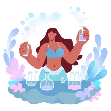 A mermaid with flowing hair is surrounded by a vibrant coral reef, filled with various shapes and colors of corals. She is holding a glass vial filled with a glowing liquid, examining it closely. Around her, various underwater tools and equipment are arranged on a rocky surface, including flasks and beakers that reflect the hues of the reef. Schools of fish swim nearby, adding movement and life to the underwater scene. Bubbles rise from the mermaid's hands as she works, creating a sense of activity in the colorful laboratory.