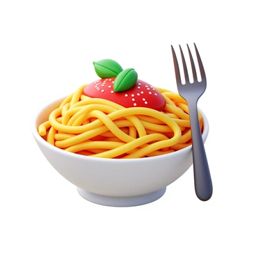 A bowl of spaghetti with noodles twisted into a complex, inextricable knot. The spaghetti is topped with a vibrant red marinara sauce and sprinkled with grated parmesan cheese. The bowl is white with a smooth glossy finish, contrasting with the rich colors of the food. A fork is placed beside the bowl, ready to twirl the tangled noodles. A few fresh basil leaves are scattered on top, adding a touch of green.