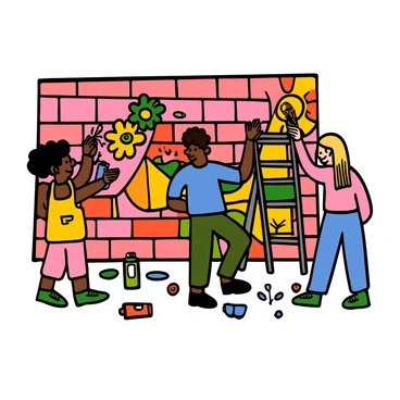 A group of artists with various skin tones is working together to create a large mural on a brick city wall. One artist is a woman with curly black hair, wearing a yellow apron, painting vibrant flowers. Another artist, a man with short brown hair, is using a ladder to paint geometric patterns in bold colors. A third artist, a person with straight blonde hair, is applying bright colors for a sun in the corner of the mural. Paint splatters and spray cans are scattered around their feet, showcasing the creativity and energy of the collaborative project.