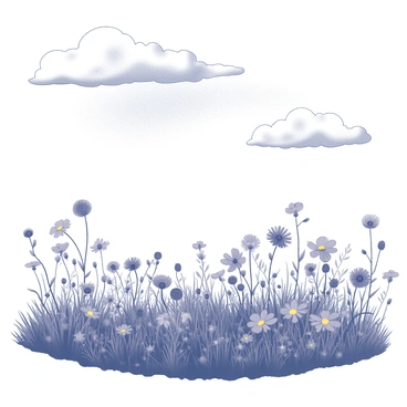 A spacious meadow filled with various wildflowers in full bloom. The flowers are scattered across the landscape, showing a mix of different shapes and sizes. A gentle breeze causes some flowers to sway slightly. Above the meadow, a deep blue sky stretches out, featuring a few soft, white clouds drifting lazily. The scene conveys a sense of tranquility and natural beauty.