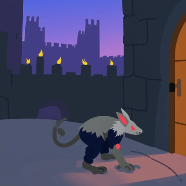 A stealthy skaven with gray fur and glowing red eyes is crouched low, inching along the stone wall of a human castle at dusk. The castle's tall towers and battlements loom in the background, partially obscured by creeping shadows as the sun sets. The skaven's long, thin tail trails behind it, and its sharp claws grip the weathered stones. The creature wears tattered, dark clothing that helps it blend into the dim light. A few flickering torches emit a soft glow, casting elongated shadows that dance around the skaven as it stealthily moves closer to a wooden door, ready to slip inside.